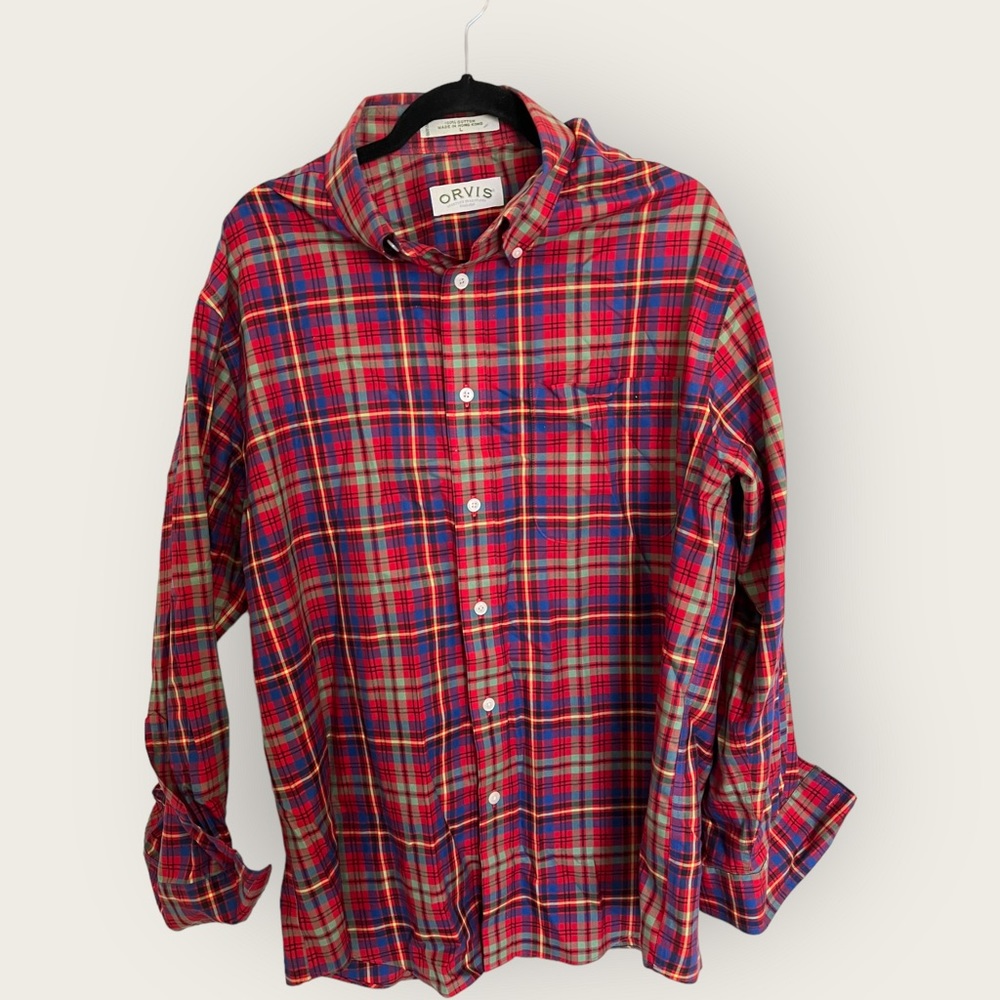 Orvis Shirt Top Men's L Long Sleeve Checkered Plaid Print Red Blue 100 Cotton ✅